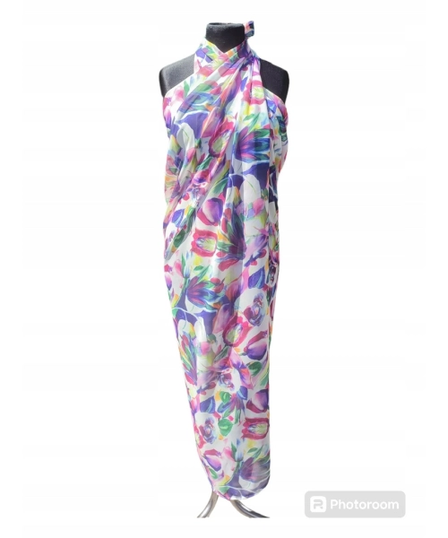 Duża sukienka plażowa - eleganckie PAREO XXL szyfon fioletowe kwiaty